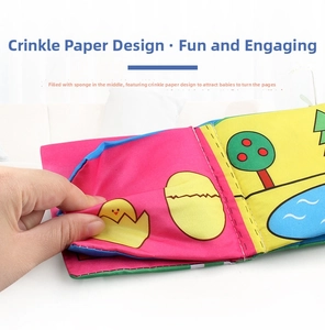 Detail of soft fabric book with rustling paper sound and sponge filling for baby sensory play