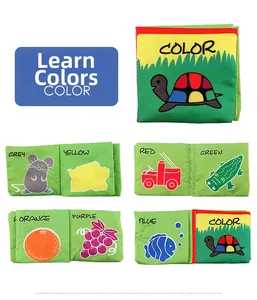 Detail view of colorful pages in soft baby cloth book teaching colors and animal recognition