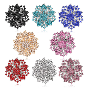 Luxury rhinestone crystal flower brooches in 8 colors with intricate hollow petal design