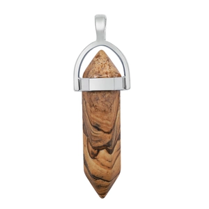 Macro detail of hexagonal picture jasper crystal point with silver alloy pendant clasp