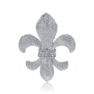 Detailed close-up of a silver fleur-de-lis brooch set with shimmering white crystals