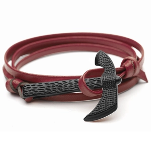 Red multi-layer leather wrap bracelet with black metal anchor clasp on white background