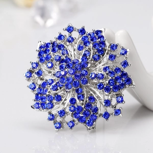 Luxury silver flower brooch with deep blue crystals and rhinestones for women