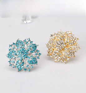 Detailed view of silver-blue and gold-white floral crystal brooches with rhinestones