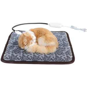Tapis chauffant étanche pour animaux avec motif floral gris et modèle de chat en peluche