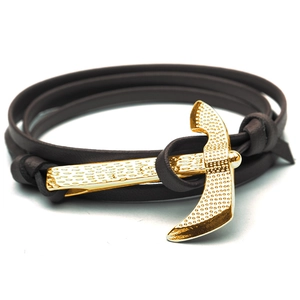 Brown braided leather multi-layer wrap bracelet with a textured golden axe charm