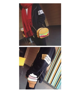Detail of creative burger and ice cream cone chain bags with golden metal straps