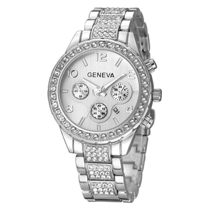 Silver Geneva crystal watch with diamond rhinestones on steel band and calendar