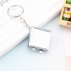 Mini square silver metal folding keychain mirror with double-clasp closure and chain