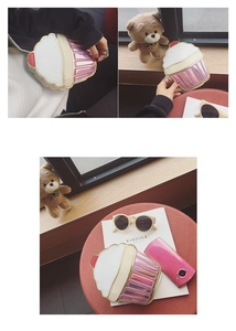 Detailed views of a cute cupcake-shaped chain crossbody bag with iridescent base and gold trim