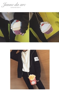 Macro detail of creative cupcake and french fries crossbody chain bags with metallic straps