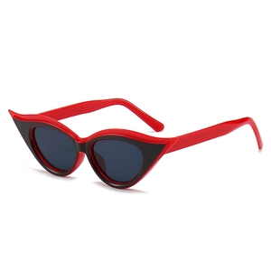 Cat eye sunglasses in red and black frame with dark grey lenses in 45-degree view
