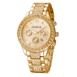 Gold Geneva women's watch with rhinestone-encrusted steel band and date display