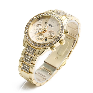 Elegant gold Geneva watch with rhinestones and calendar display at a 45-degree angle