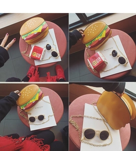 Detailed views of creative burger-shaped crossbody bag with gold chain strap