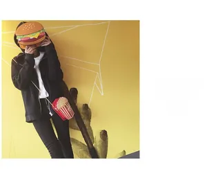 Creative hamburger and popcorn bucket bags set with gold chain straps for women