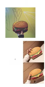 Detailed views of creative hamburger shaped shoulder bag with colorful layered 3D food design