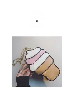 Detail of creative ice cream cone crossbody bag with quilted pattern and gold chain strap