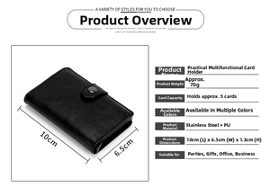 Detailed size specifications for the black PU leather and aluminum RFID card holder