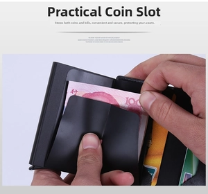 Close-up of slim black crazy horse PU leather wallet showing internal cash slot functionality