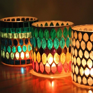 Mosaic Glass Candle Holder Handmade Colorful Geometric Pattern Romantic Dinner Desktop Decoration Vintage Votive Tealight Holder