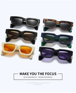 Detailed comparison of thick square sunglasses in six diverse colors and textures