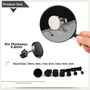 Detailed size chart of stainless steel stud earrings showing 3mm to 10mm diameters