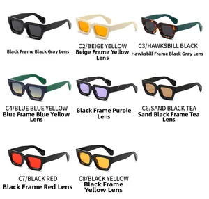 Detail view of square thick frame sunglasses in eight diverse color options and lenses