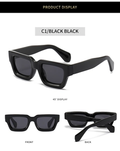 Detailed views of black thick square frame sunglasses from front, back and side angles