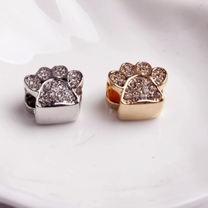 Silver and golden animal paw print beads with sparkling rhinestones for DIY jewelry making
