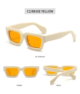Detail view of vintage thick beige frames with orange lenses in multi-angle display
