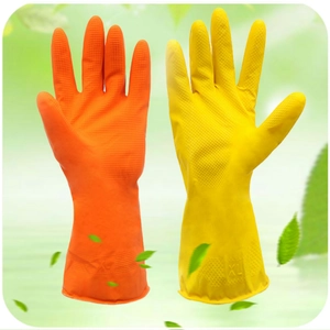 Durable orange and yellow household latex cleaning gloves with non-slip texture
