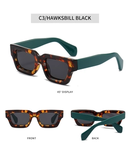 Detailed multi-angle views of square tortoiseshell sunglasses with dark green temples