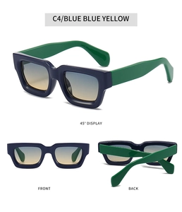 Three-angle views of retro thick frame sunglasses with blue front and green arms