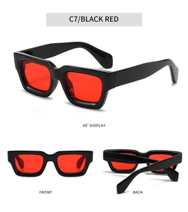 Three views of thick black frame sunglasses with red lenses showing front and back angles