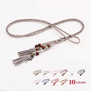 Handwoven ethnic waist rope with tassels and wooden beads available in 10 diverse colors