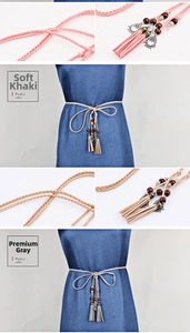 Detail of bohemian braided waist ropes with tassels, wooden beads, and metal charms