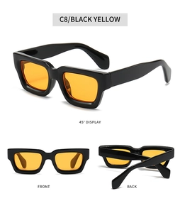 Multiple views of chunky square sunglasses featuring thick black frames and yellow lenses