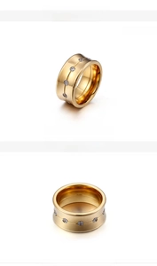 Detailed view of 10mm gold plated ring with 18k vacuum plating and set zircons