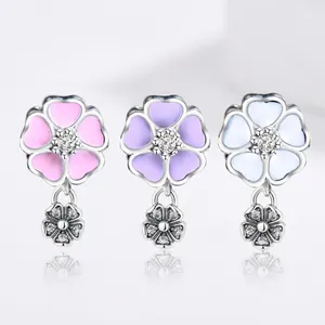 Three-color floral enamel charms with sparkling zircon inlay and dangling flower pendants