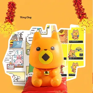 Lucky Fortune Dog plastic piggy bank ornament with golden bell and red silk cushion