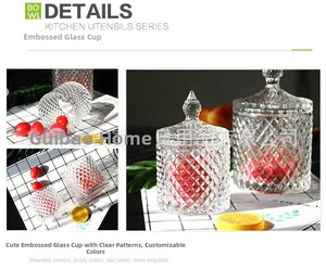 Macro shot of large glass candy jar featuring detailed diamond-shaped relief patterns