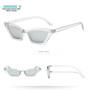 Transparent grey cat eye sunglasses with silver mirror lenses shown in multiple angles