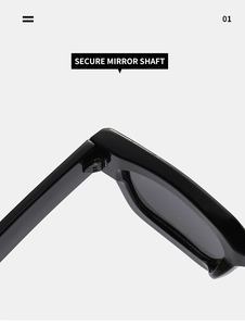 Close-up of the secure mirror shaft and metal hinge on black square sunglasses