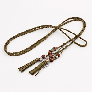 Handmade woven dark green tassel waist rope with ethnic wooden beads for Hanfu decor