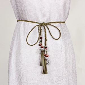 Hand-woven green waist rope with tassels, wood beads and silver charms for Hanfu outfits