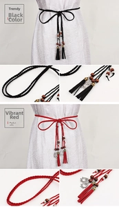 Detail of hand-woven waist ropes with tassels and beads for traditional dresses