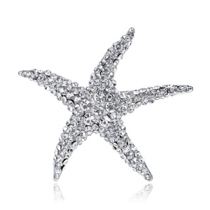 Detailed close-up of a silver starfish brooch with sparkling white crystal rhinestones