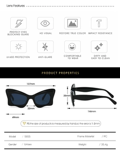 Détails de lunettes œil de chat en PC avec dimensions précises et poids de 35,4g