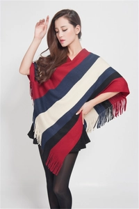 Close-up of multicolored striped knitted poncho with decorative tassel hem details